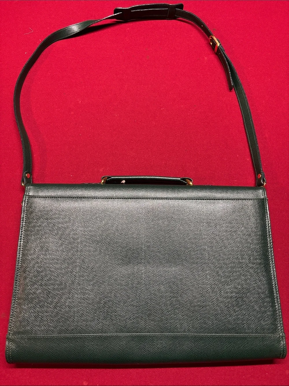 vintage dark green or forest green textured leather briefcase